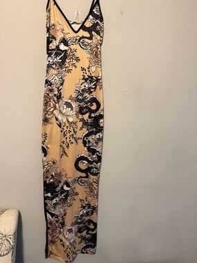 Fashion Nova Beige and Black Floral Dragon Maxi Dress